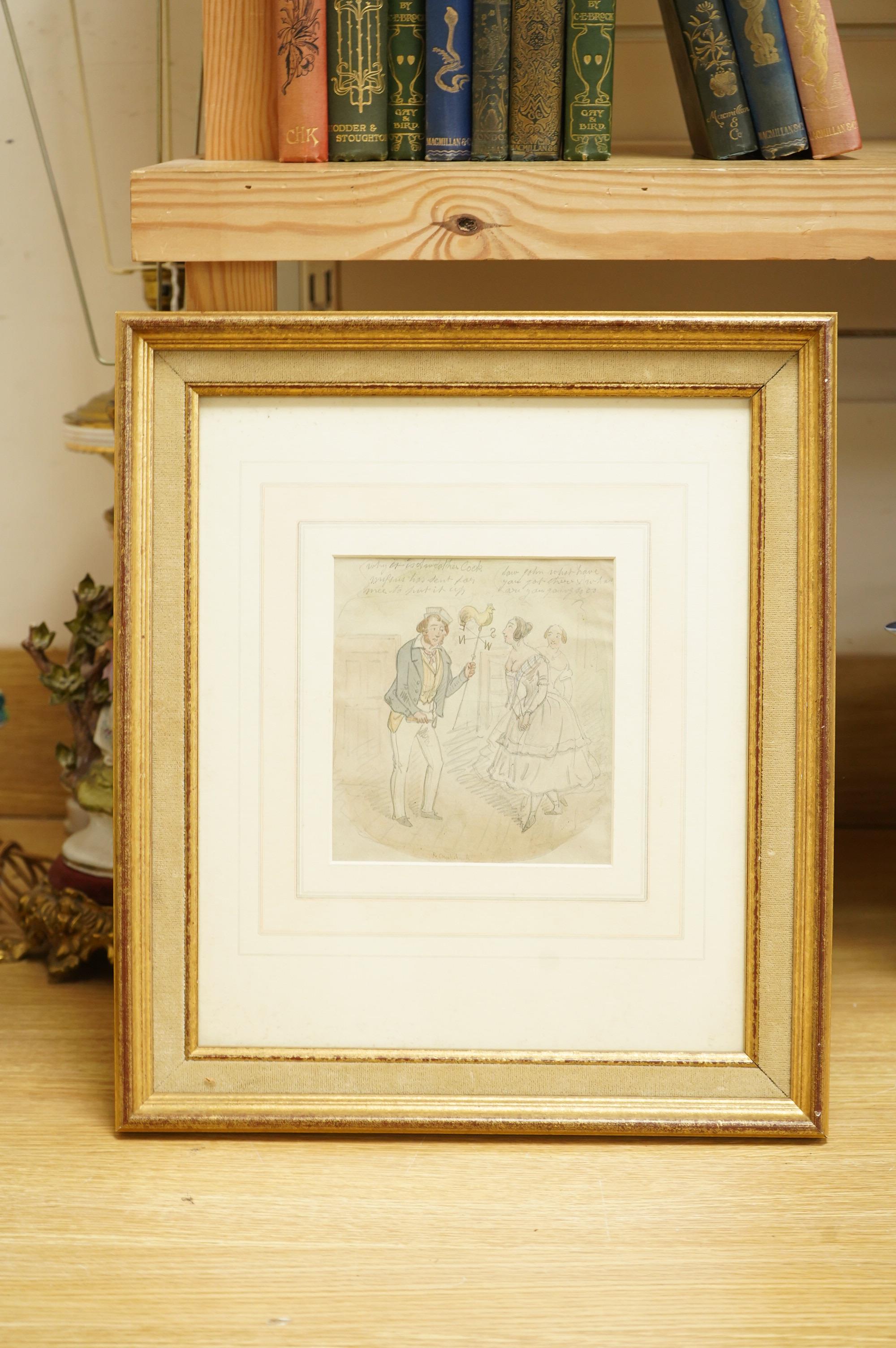 Robert Cruikshank (1789-1856), humorous figural scene, signed and inscribed, watercolour and pencil, 15 x 14cm